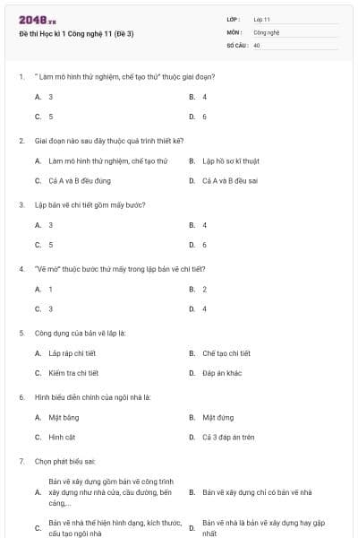 Đề thi Học kì 1 Công nghệ 11 (Đề 3)