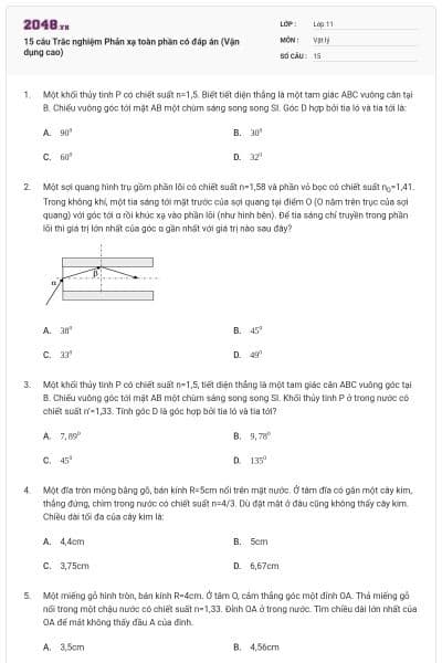 15 câu Trắc nghiệm Phản xạ toàn phần có đáp án (Vận dụng cao)