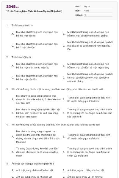 15 câu  Trắc nghiệm Thấu kính có đáp án (Nhận biết)