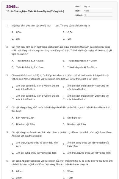 15 câu  Trắc nghiệm Thấu kính có đáp án (Thông hiểu)