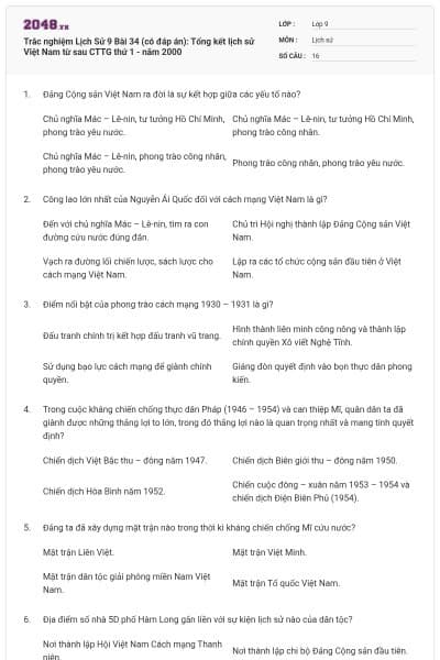 Trắc nghiệm Lịch Sử 9 Bài 34 (có đáp án): Tổng kết lịch sử Việt Nam từ sau CTTG thứ 1 - năm 2000