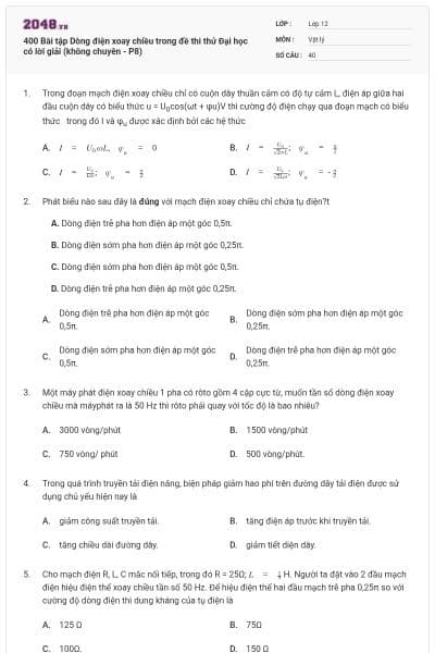 400 Bài tập Dòng điện xoay chiều trong đề thi thử Đại học có lời giải (không chuyên - P8)