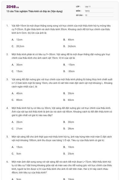 13 câu Trắc nghiệm Thấu kính có đáp án (Vận dụng)