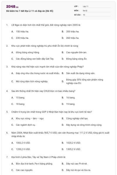 Đề kiểm tra 1 tiết Địa Lí 11 có đáp án (Đề 45)