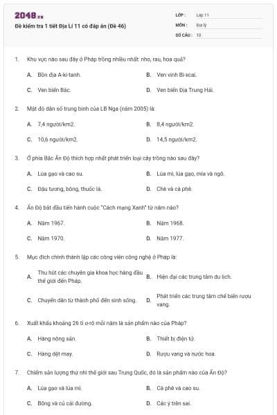 Đề kiểm tra 1 tiết Địa Lí 11 có đáp án (Đề 46)