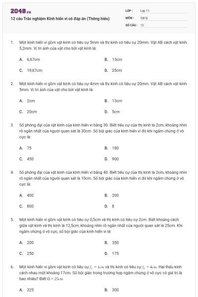 12 câu Trắc nghiệm Kính hiển vi có đáp án (Thông hiểu)