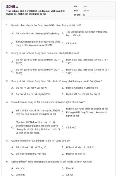 Trắc nghiệm Lịch Sử 9 Bài 33 (có đáp án): Việt Nam trên đường đổi mới đi lên chủ nghĩa xã hội
