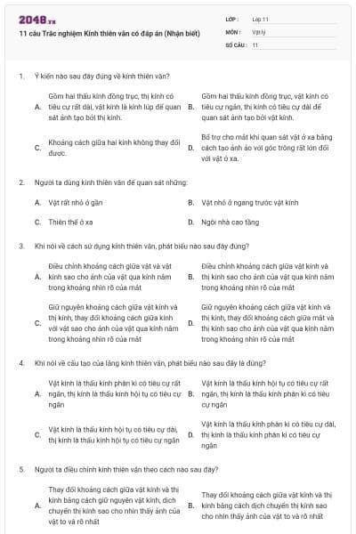 11 câu  Trắc nghiệm Kính thiên văn có đáp án (Nhận biết)
