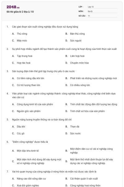 Đề thi giữa kì 2 Địa Lí 10