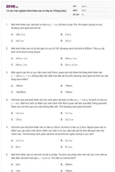 15 câu Trắc nghiệm Kính thiên văn có đáp án (Thông hiểu)