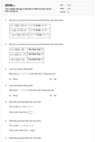 Trắc nghiệm Bài tập cơ bản Bài 2: Nhân đa thức với đa thức có đáp án