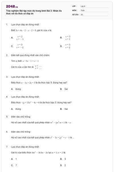 Trắc nghiệm Bài tập mức độ trung bình Bài 2: Nhân đa thức với đa thức có đáp án