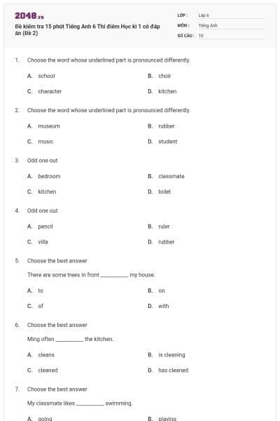 Đề kiểm tra 15 phút Tiếng Anh 6 Thí điểm Học kì 1 có đáp án (Đề 2)