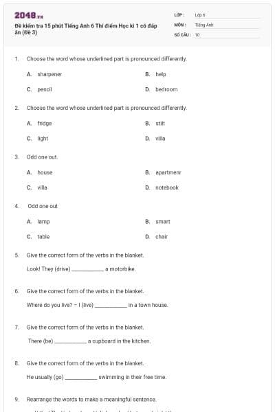 Đề kiểm tra 15 phút Tiếng Anh 6 Thí điểm Học kì 1 có đáp án (Đề 3)