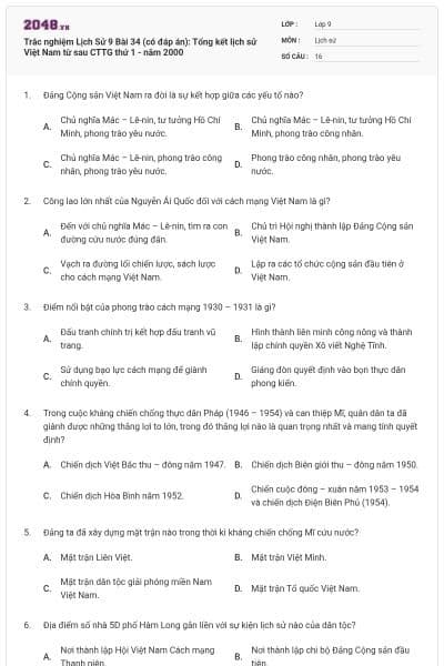 Trắc nghiệm Lịch Sử 9 Bài 34 (có đáp án): Tổng kết lịch sử Việt Nam từ sau CTTG thứ 1 - năm 2000