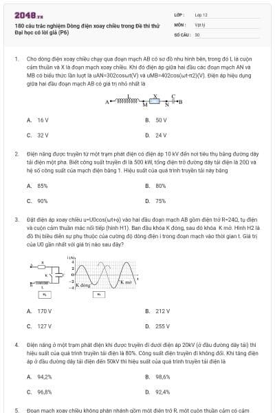 180 câu trắc nghiệm Dòng điện xoay chiều trong Đề thi thử Đại học có lời giả (P6)