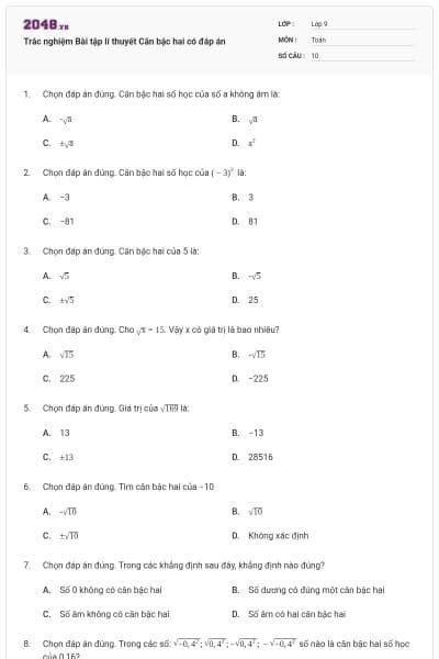 Trắc nghiệm Bài tập lí thuyết Căn bậc hai có đáp án