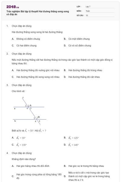 Trắc nghiệm Bài tập lý thuyết Hai đường thẳng song song có đáp án