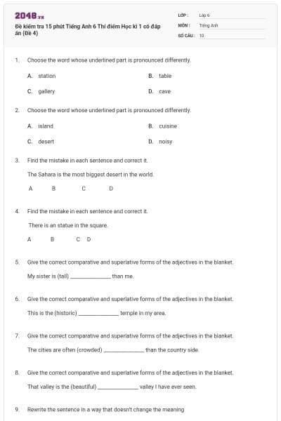 Đề kiểm tra 15 phút Tiếng Anh 6 Thí điểm Học kì 1 có đáp án (Đề 4)