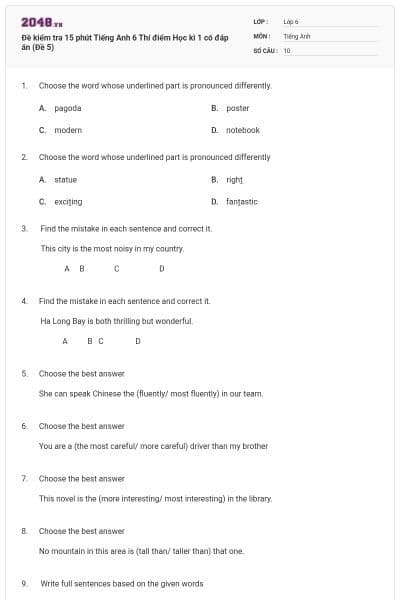 Đề kiểm tra 15 phút Tiếng Anh 6 Thí điểm Học kì 1 có đáp án (Đề 5)