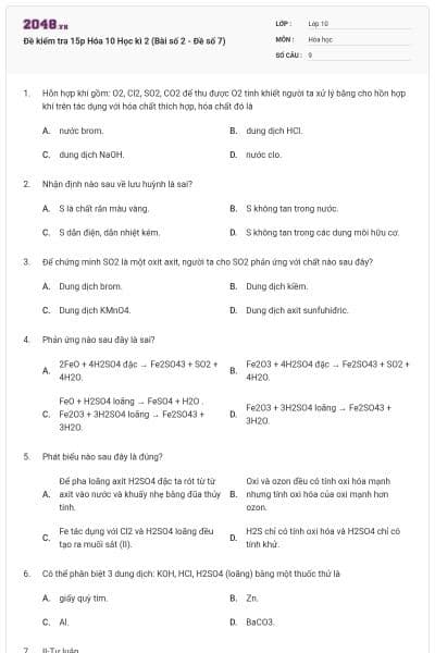 Đề kiểm tra 15p Hóa 10 Học kì 2 (Bài số 2 - Đề số 7)