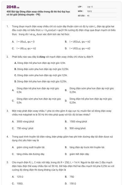 400 Bài tập Dòng điện xoay chiều trong đề thi thử Đại học có lời giải (không chuyên - P8)