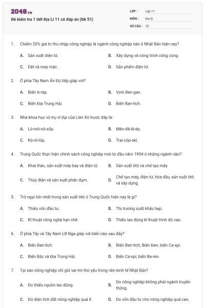 Đề kiểm tra 1 tiết Địa Lí 11 có đáp án (Đề 51)