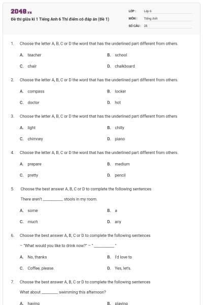 Đề thi giữa kì 1 Tiếng Anh 6 Thí điểm có đáp án (Đề 1)