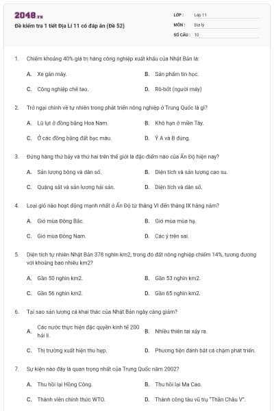 Đề kiểm tra 1 tiết Địa Lí 11 có đáp án (Đề 52)