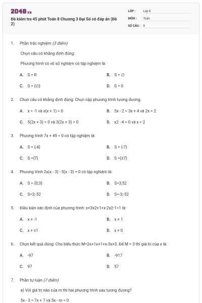 Đề kiểm tra 45 phút Toán 8 Chương 3 Đại Số có đáp án (Đề 2)