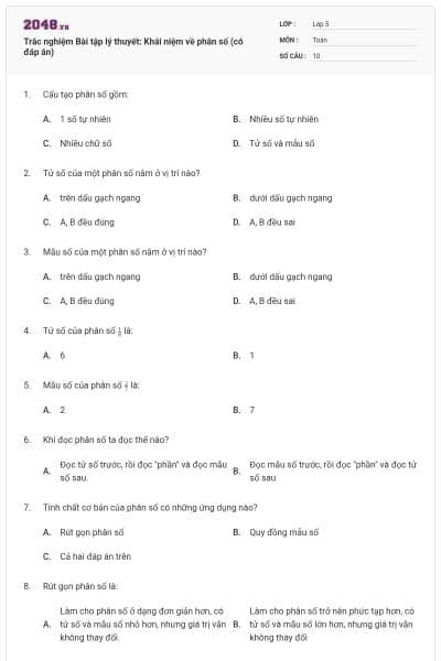 Trắc nghiệm Bài tập lý thuyết: Khái niệm về phân số (có đáp án)