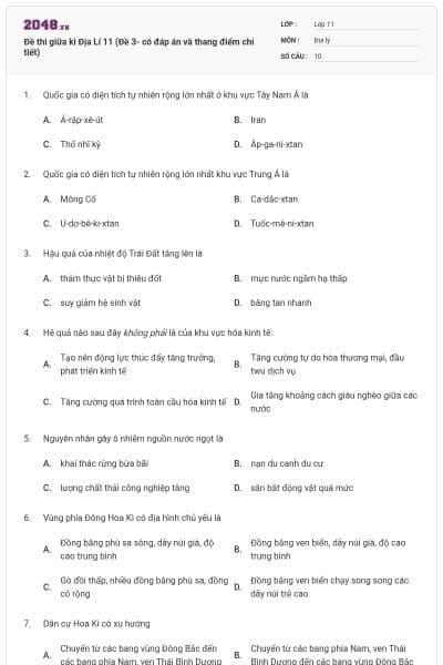 Đề thi giữa kì Địa Lí 11 (Đề 3- có đáp án và thang điểm chi tiết)