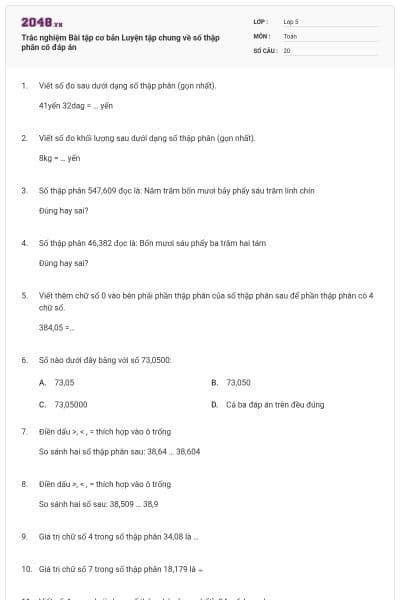 Trắc nghiệm Bài tập cơ bản Luyện tập chung về số thập phân có đáp án