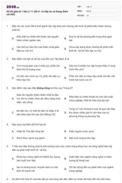 Đề thi giữa kì 1 Địa Lí 11 (Đề 4- có đáp án và thang điểm chi tiết)