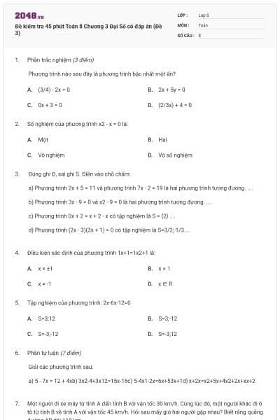 Đề kiểm tra 45 phút Toán 8 Chương 3 Đại Số có đáp án (Đề 3)