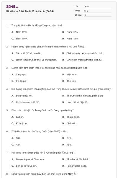 Đề kiểm tra 1 tiết Địa Lí 11 có đáp án (Đề 54)
