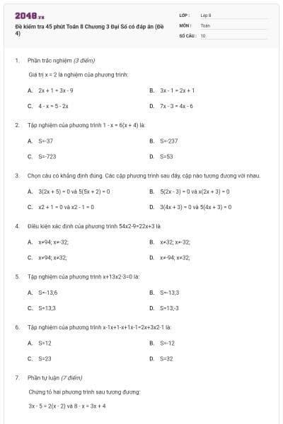 Đề kiểm tra 45 phút Toán 8 Chương 3 Đại Số có đáp án (Đề 4)
