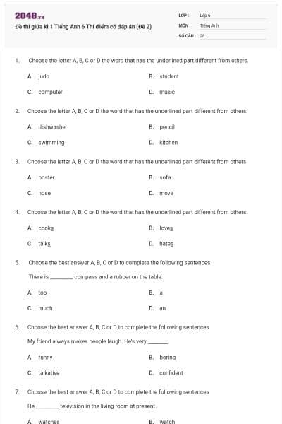 Đề thi giữa kì 1 Tiếng Anh 6 Thí điểm có đáp án (Đề 2)