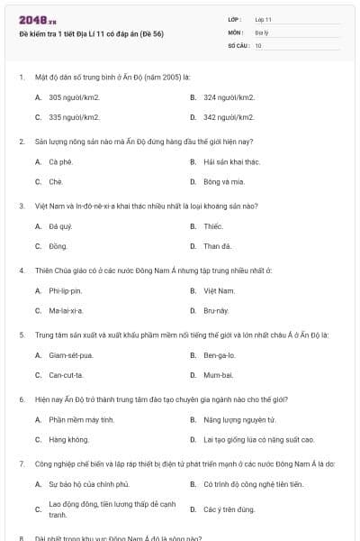 Đề kiểm tra 1 tiết Địa Lí 11 có đáp án (Đề 56)