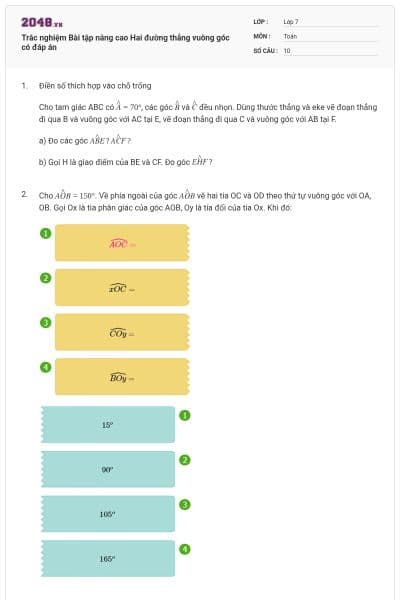 Trắc nghiệm Bài tập nâng cao Hai đường thẳng vuông góc có đáp án