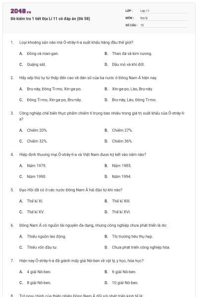 Đề kiểm tra 1 tiết Địa Lí 11 có đáp án (Đề 58)