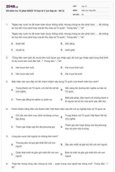 Đề kiểm tra 15 phút GDCD 10 Học kì 2 (có đáp án - Đề 3)