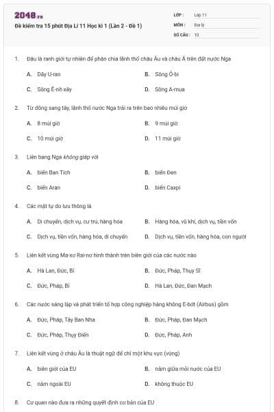 Đề kiểm tra 15 phút Địa Lí 11 Học kì 1 (Lần 2 - Đề 1)