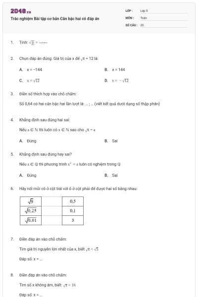 Trắc nghiệm Bài tập cơ bản Căn bậc hai có đáp án