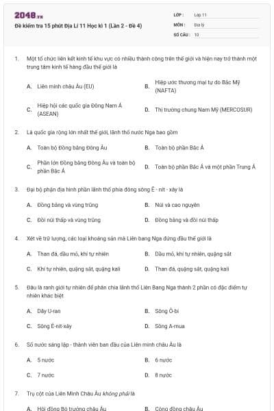 Đề kiểm tra 15 phút Địa Lí 11 Học kì 1 (Lần 2 - Đề 4)