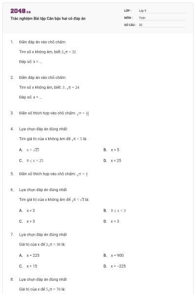 Trắc nghiệm Bài tập Căn bậc hai có đáp án