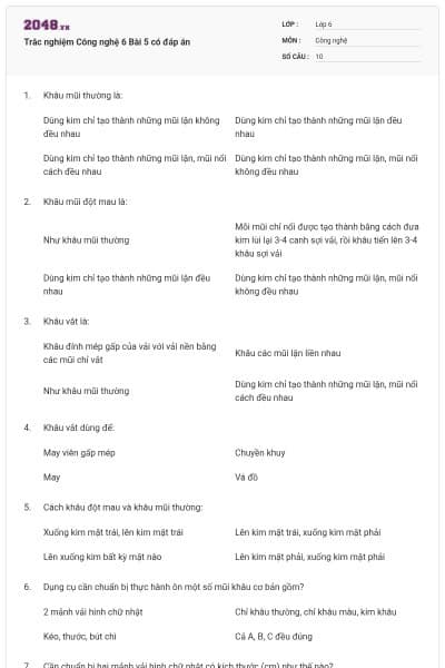 Trắc nghiệm Công nghệ 6 Bài 5 có đáp án