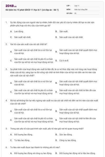 Đề kiểm tra 15 phút GDCD 11 Học kì 1 (có đáp án - Đề 1)
