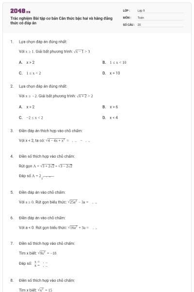 Trắc nghiệm Bài tập cơ bản Căn thức bậc hai và hằng đẳng thức có đáp án