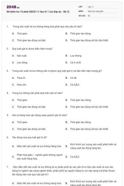 Đề kiểm tra 15 phút GDCD 11 Học kì 1 (có đáp án - Đề 2)